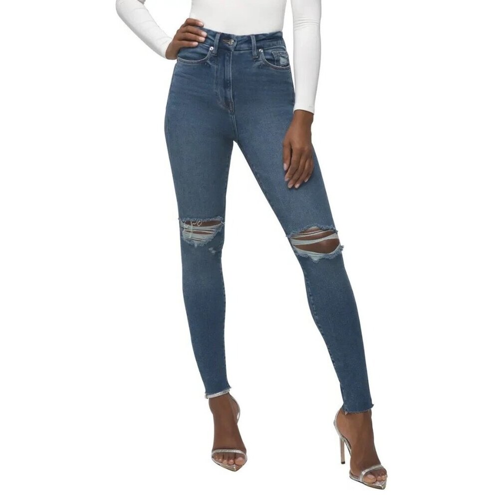 Good American Crop Raw Edge Skinny Jeans Distressed Blue Denim Womens 12/31‎